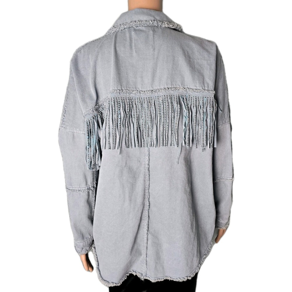 Zara Rhinestone Fringe Denim‎ Shacket Light Blue Gray Western Boho Size Small - Picture 3 of 9
